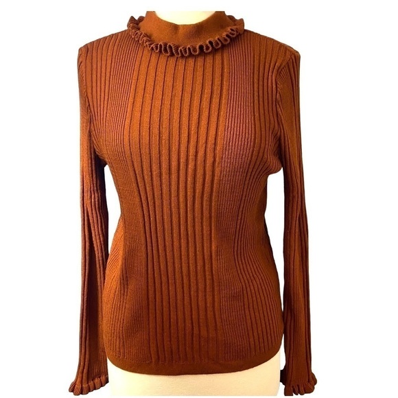 ASOS Fall Rust Orange Pumpkin Ruffle Mock Neck Sweater Stretch Ribbed FALL Cozy - Picture 4 of 9
